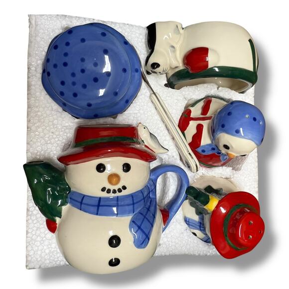 Pfaltzgraff Perennials Snow Village Hostess Set Cream Sugar Salt Pepper Spoon - Picture 2 of 9